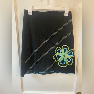 Black Knee Length Straight Skirt with Flower Design